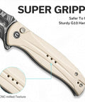 Indie Folding Pocket Knife With 3.48 Inch Damascus Blade Flipper Action Ultra Grippy CNC Milled Handle For A Secure Non Slip Grip Everyday Carry EDC For Men Who Demand Sharp Performance, CNC-milled handle close-up