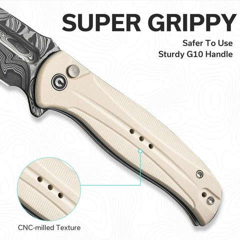 Indie Folding Pocket Knife With 3.48 Inch Damascus Blade Flipper Action Ultra Grippy CNC Milled Handle For A Secure Non Slip Grip Everyday Carry EDC For Men Who Demand Sharp Performance, CNC-milled handle close-up