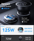 125W Fast Car Charger With USB C PD65W And USB A QC60W Quick Charge All Metal Cigarette Lighter Adapter for iPhone, iPad