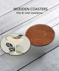 Front view of 8 Piece Dope Cocktail Diamond Painting Coaster Set With Holder For Drinks And Coffee Table, two wooden coasters displayed