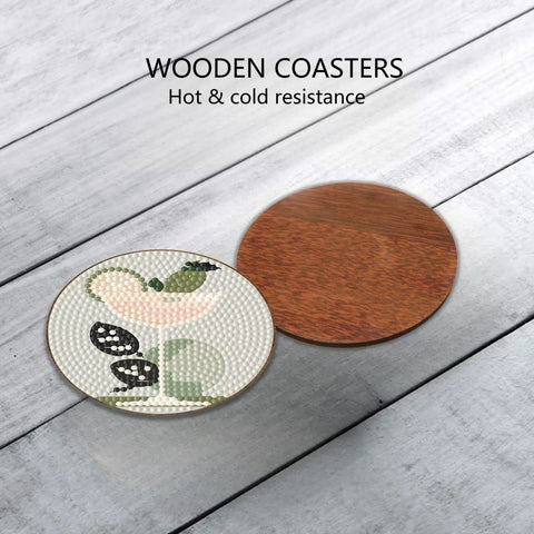 Front view of 8 Piece Dope Cocktail Diamond Painting Coaster Set With Holder For Drinks And Coffee Table, two wooden coasters displayed