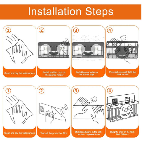 Installation steps for Smiley Face Sponge Holder With Two Suction Cups And One Adhesive Strip A 3 In 1 Sink Organizer.