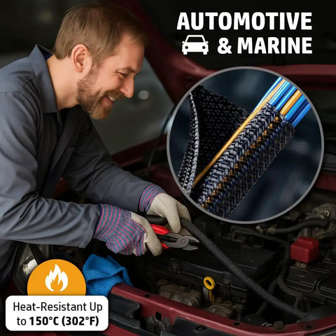 Technician using Split Sleeve Braided Wire Loom For High Temperature Auto Harness And Home Cable Management 25 Feet Long Durable PET Polyester Wrap