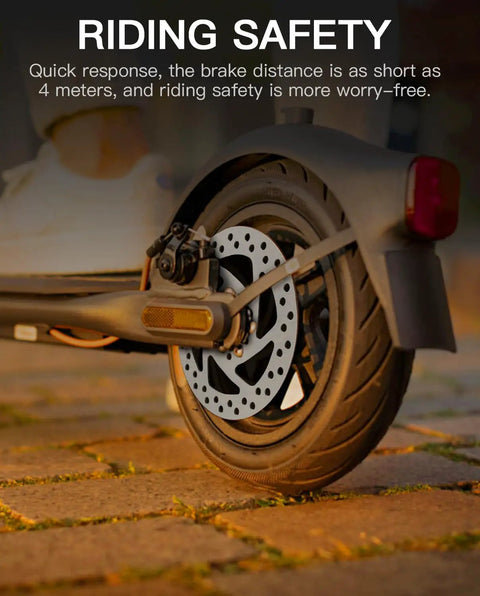 140Mm Scooter Brake Rotor Pad For Segway Ninebot KickScooter rear wheel in focus on brick path