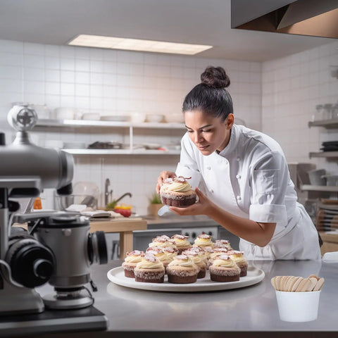 Chef decorating cupcakes with frosting in a modern kitchen, featuring Top Shelf Food Safe Mini Popsicle Sticks For Crafting Great Treats.
