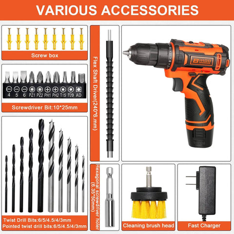 Image of 12V Cordless Drill Driver Kit With Three Eighths Inch Keyless Chuck Battery Drill Set With Two Speed Variable 43 Piece Drill Bit And Accessory Kit for Home DIY Projects, showing components like drill, bits, chargers, and accessories.