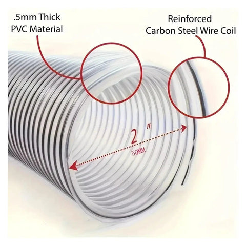 Close-up of 50Mm PVC Vacuum Hose For Dust Extractor showcasing .5mm thick material and reinforced carbon steel wire coil.