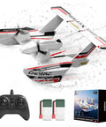 Amphibious RC Plane For Water Land And Air, 3 Channel Remote Control Glider With Dual Batteries shown with remote and packaging
