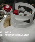Close-up of high-pressure regulator on propane tank for B5350A Propane Burner Cooker Heavy Duty Outdoor Stove With Steel Braided Regulator Hose 0 To 15 Psi Adjustable For Turkey Frying And Backyard Tailgating