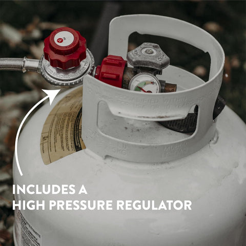 Close-up of high-pressure regulator on propane tank for B5350A Propane Burner Cooker Heavy Duty Outdoor Stove With Steel Braided Regulator Hose 0 To 15 Psi Adjustable For Turkey Frying And Backyard Tailgating