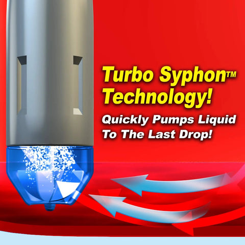 Ontel Turbo Pump Automatic Liquid Transfer Pump, front view, gray body with blue transparent cap