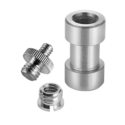 Knockout 15 Piece Screw Adapter Set featuring Slick 1/4 To 3/8 Thread Converters for DSLR Cameras, showing three metal thread adapters.
