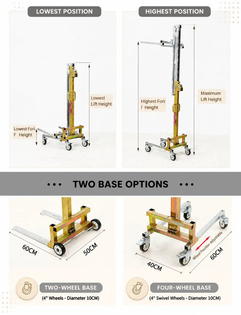 Heavy Duty Portable Manual Lifting Stacker With Effortless Winch For Moving 80kg Loads In The Shop Or Job Site No Power Needed Easy One Man Operation adjustable lift height and two base options displayed