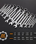 Must Have Ratcheting Wrench Set 22-Piece Metric And SAE Chrome Vanadium 72-Tooth Ratchet with size chart display