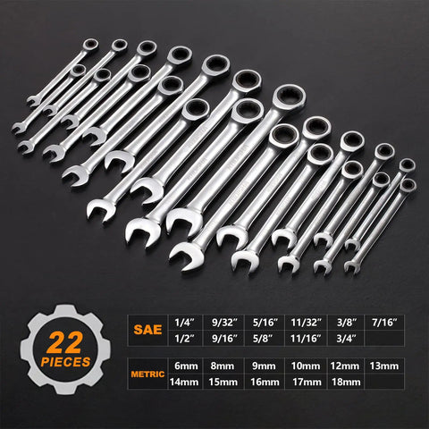 Must Have Ratcheting Wrench Set 22-Piece Metric And SAE Chrome Vanadium 72-Tooth Ratchet with size chart display