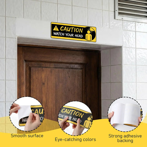 Heads Up Caution Sign Stickers 4 Pack Self Adhesive Vinyl Safety Decals For Warehouse Basement Stairs Low Clearance And Factory 11.8 Inch By 3.94 Inch on door frame
