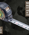 Kickin Tough 35 Foot Tape Measure Featuring Double Sided Blades And Grippy Magnetic Hook Military Hardened Composite Shell showing measuring tape and non-slip hook.