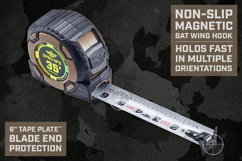 Kickin Tough 35 Foot Tape Measure Featuring Double Sided Blades And Grippy Magnetic Hook Military Hardened Composite Shell showing measuring tape and non-slip hook.