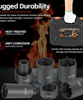 Six Piece Spindle Nut Socket Set With One Half Inch Drive For Ford F250 F350 Dana Axles Toyota GM Chevy Dodge Spindle Lock Nut Removal And Installation Kit Lug Out Tool, includes six sockets with carrying case against fiery background.