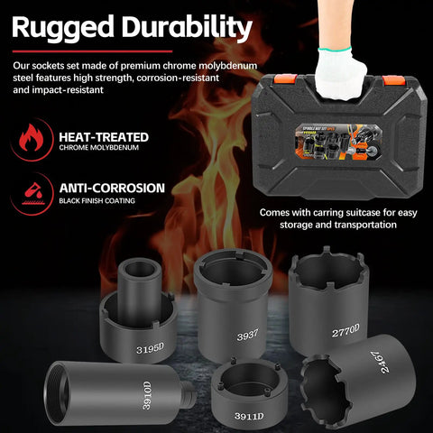 Six Piece Spindle Nut Socket Set With One Half Inch Drive For Ford F250 F350 Dana Axles Toyota GM Chevy Dodge Spindle Lock Nut Removal And Installation Kit Lug Out Tool, includes six sockets with carrying case against fiery background.