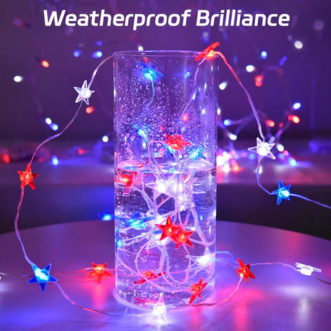 Patriotic Pentagram Star String Lights 13 Ft 40 LED Waterproof Outdoor Battery Operated With Timer Red White And Blue in water