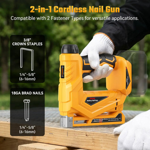 Tough As Nails Two In One Cordless Nailer And Brad Nailer Combo for 18ga brad nails and crown staples on wood.
