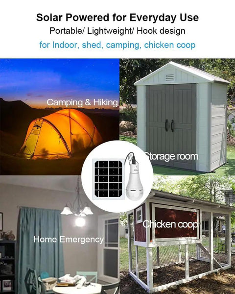 Portable Solar Light Bulb With Timer for home use in chicken coop, tent, indoor room, and shed; shows solar panel and bulb.