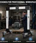 Man using Heavy Duty Portable Aluminum Gantry Crane Rock Solid 2 Ton Lifting Rig for equipment handling in a workshop.