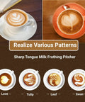 Cups with latte designs using Sharp Tongue Milk Frothing Pitcher for various patterns like love, tulip, leaf, swan.