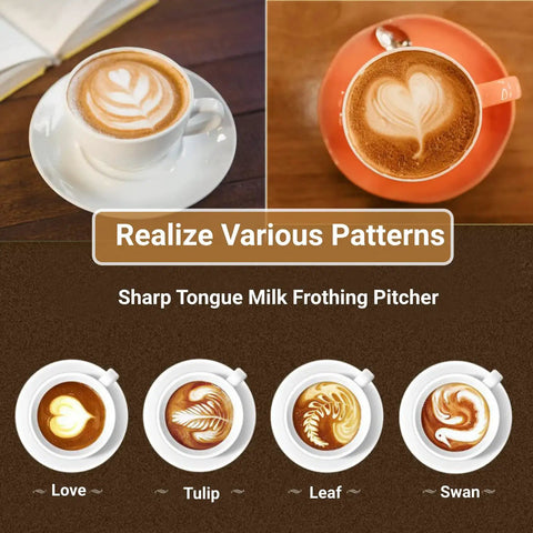 Cups with latte designs using Sharp Tongue Milk Frothing Pitcher for various patterns like love, tulip, leaf, swan.