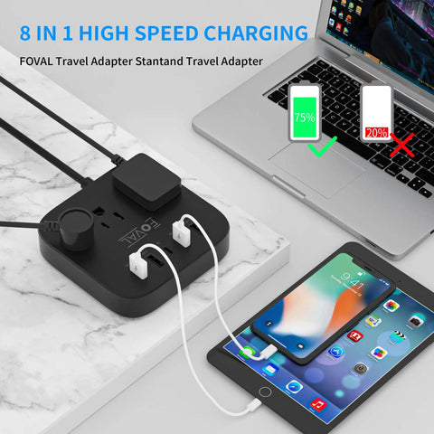 All In One Travel Power Strip With USB C And 4 USB Ports, 3 AC Outlets, shown charging devices on a desk.