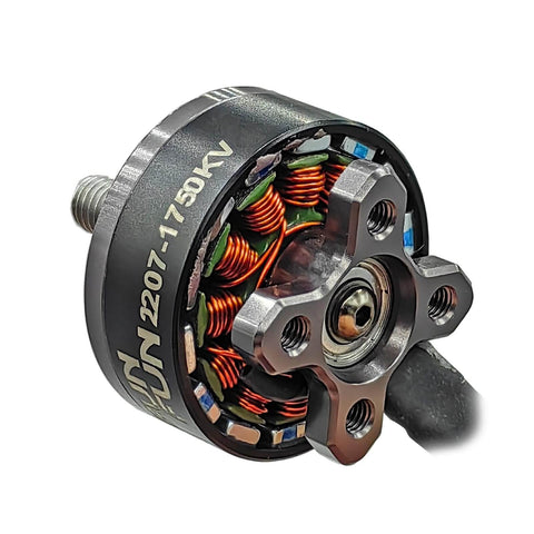 Close-up of Beefy Torque 2207 1750KV Brushless FPV Drone Motors Set For 5 Inch Quadcopters, 2To6S Lipo Compatible, metal design.