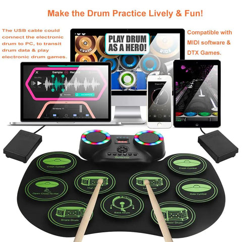 Roll Up Digital Drum Kit With 9 Silicone Pads, MIDI Ready, DTC in use with tablet and mobile screens