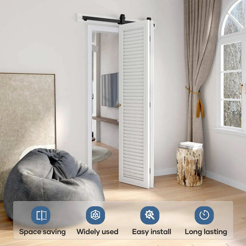 Slick 28 Inch Bifold Sliding Barn Door Hardware Track Kit With Top Mount Rollers For Double Closet Doors Smooth As Butter Glide No Hassle Install Black Finish Space Saving Design in modern living room.