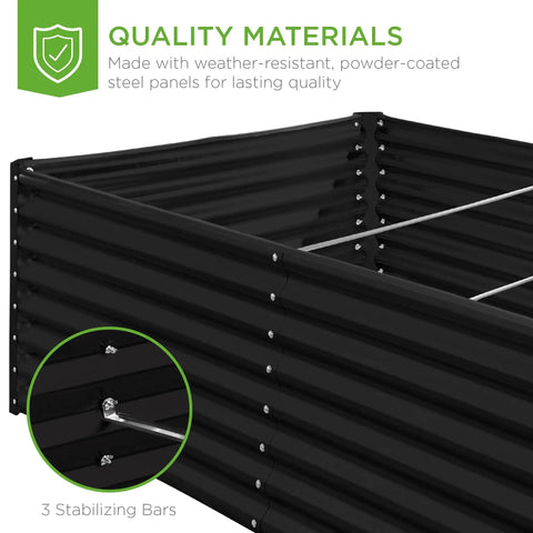 Close-up of Outdoor Metal Raised Garden Bed 8 By 4 By 2 Ft Deep Root Planter For Vegetables Herbs And Flowers 478 Gallon Capacity Non Toxic Materials Heavy Duty Black showing stabilizing bars and powder-coated steel