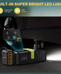 E-HELP 5 Ton Cordless Electric Car Jack Kit with bright 4000 lumens LED light for nighttime emergency repairs.
