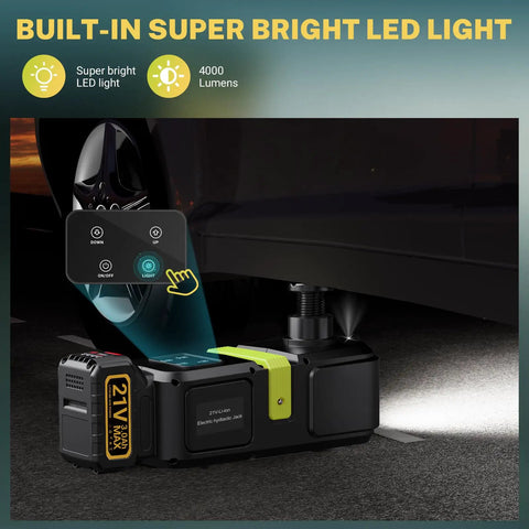 E-HELP 5 Ton Cordless Electric Car Jack Kit with bright 4000 lumens LED light for nighttime emergency repairs.