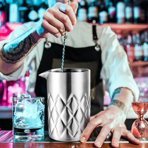 Kickback Ready 18 Oz Stainless Steel Cocktail Mixing Glass With A Weighted Base And Double Wall Construction for effortless stirring.