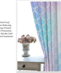 Mermaid Blackout Curtains For Girls Bedroom With Ocean Wave And Fish Scale Pattern, Blue And Pink, shown beside a flower vase.