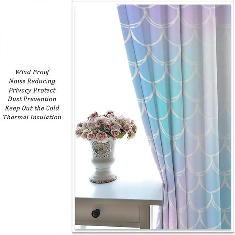 Mermaid Blackout Curtains For Girls Bedroom With Ocean Wave And Fish Scale Pattern, Blue And Pink, shown beside a flower vase.