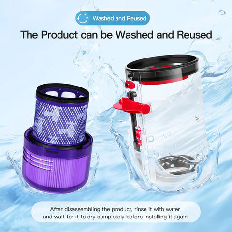 All In One Canister Replacement Kit For V11 And V15 Vacuum Cleaners With Dust Bucket And Filter shown with water rinse feature