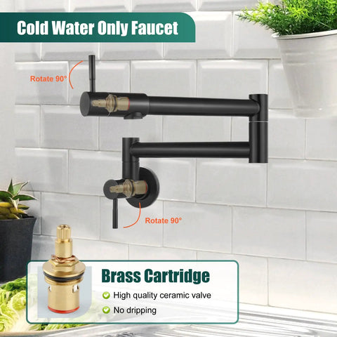 Wall Mount Pot Filler Faucet With Folding Double Arm Swing, 19 Inch Reach, Two Handles, Stainless Steel Matte Black, NPT 1/2 Inch Threads, installed over kitchen backsplash.