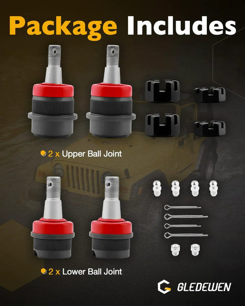4 Piece Ball Joint Kit For 1984 To 2006 Jeep Cherokee XJ MJ Grand Cherokee ZJ Wrangler YJ TJ LJ Rubicon And Unlimited Models Trail Ready Front Suspension Upgrade With Heavy Duty Durable Ball Joints, package includes 2 upper and 2 lower joints