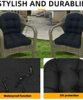 Two wicker chairs with Overstuffed Waterproof Outdoor Chair Cushions Set Of 2 19x19 U Shaped Patio Cushions in black