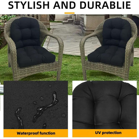 Two wicker chairs with Overstuffed Waterproof Outdoor Chair Cushions Set Of 2 19x19 U Shaped Patio Cushions in black