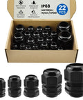 22 Piece NPT Cable Gland Kit IP68 Waterproof Nylon Connectors open box showcasing cable connectors in various sizes on display.