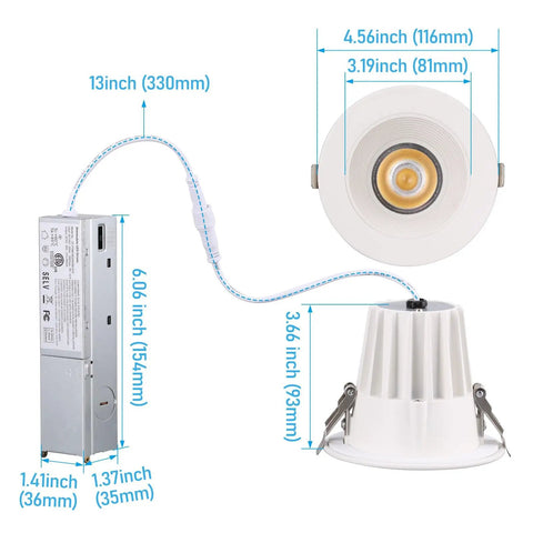 TORCHSTAR 6-Pack 5CCT 4 Inch LED Recessed Lighting, Anti-Glare, CRI90 dimensions and housing view with measurements.
