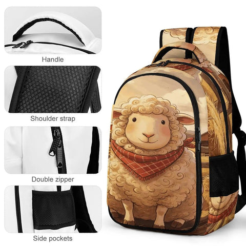 Plaid Bandana Farm Sheep Print Unisex Backpack with large capacity, durable polyester, side pockets, double zipper, padded straps