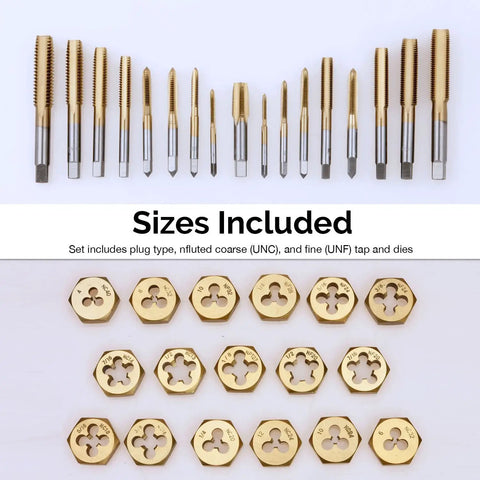Close-up of a Titanium-Coated SAE Tap And Die Set With Storage Case, showing 40-piece UNC and UNF threading tools.