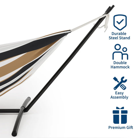 Close-up of Two Person Brazilian Style Hammock With Steel Stand For Indoor And Outdoor Use, 450 Pound Capacity, Coffee Color Cotton Cocoon